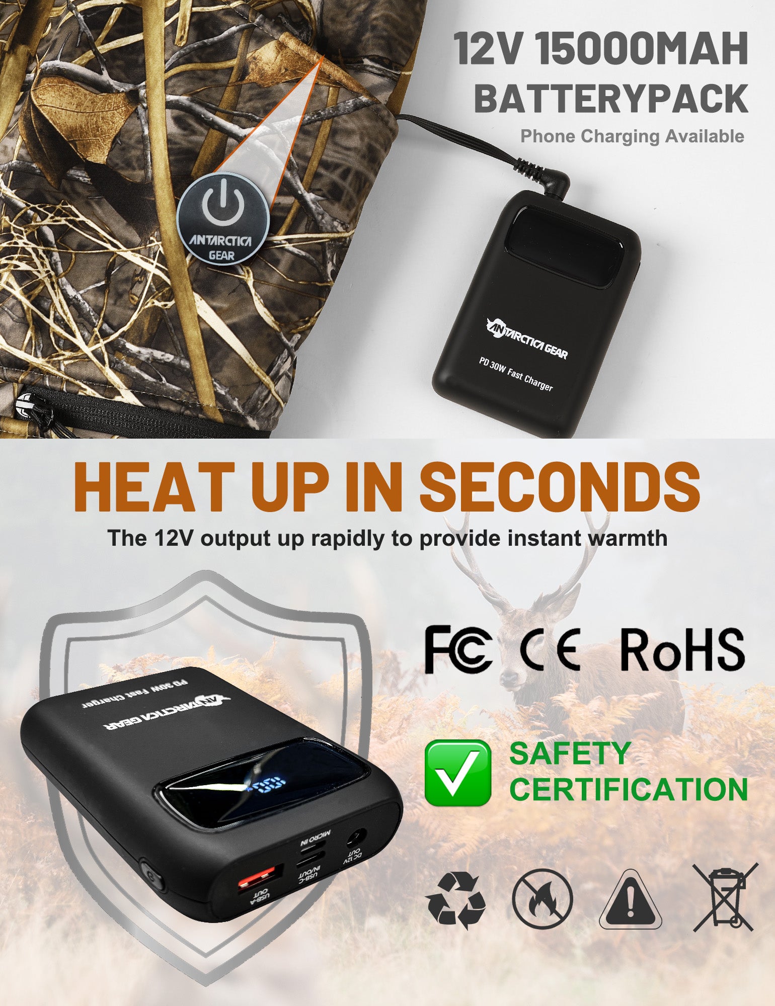 ANTARCTICA GEAR Hunting Heated Pants for Men with 12V 15000mAh Battery