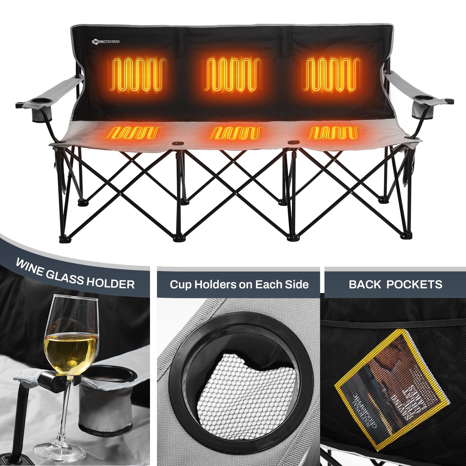 ANTARCTICA GEAR Heated 3-Person Camping Chair with 12V 15000mAh Batter