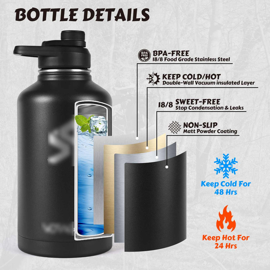 64Oz Half Gallon Stainless Steel Insulated Tactical Water Bottle with Metal Military Water Bottle Tactical Carrier Bag