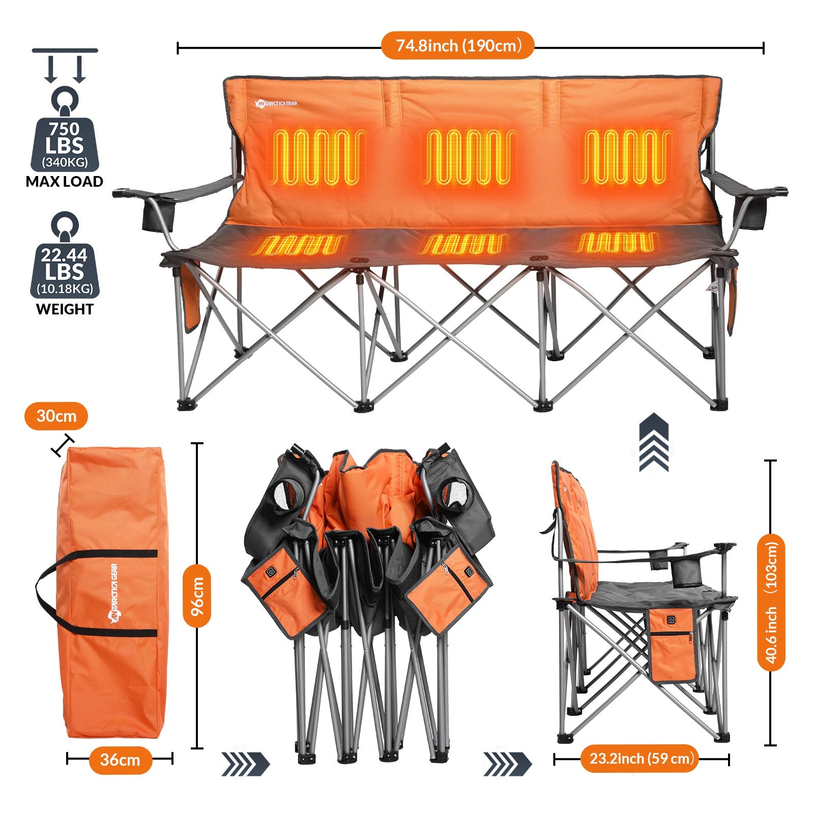 ANTARCTICA GEAR Heated 3-Person Camping Chair with 12V 15000mAh Batter
