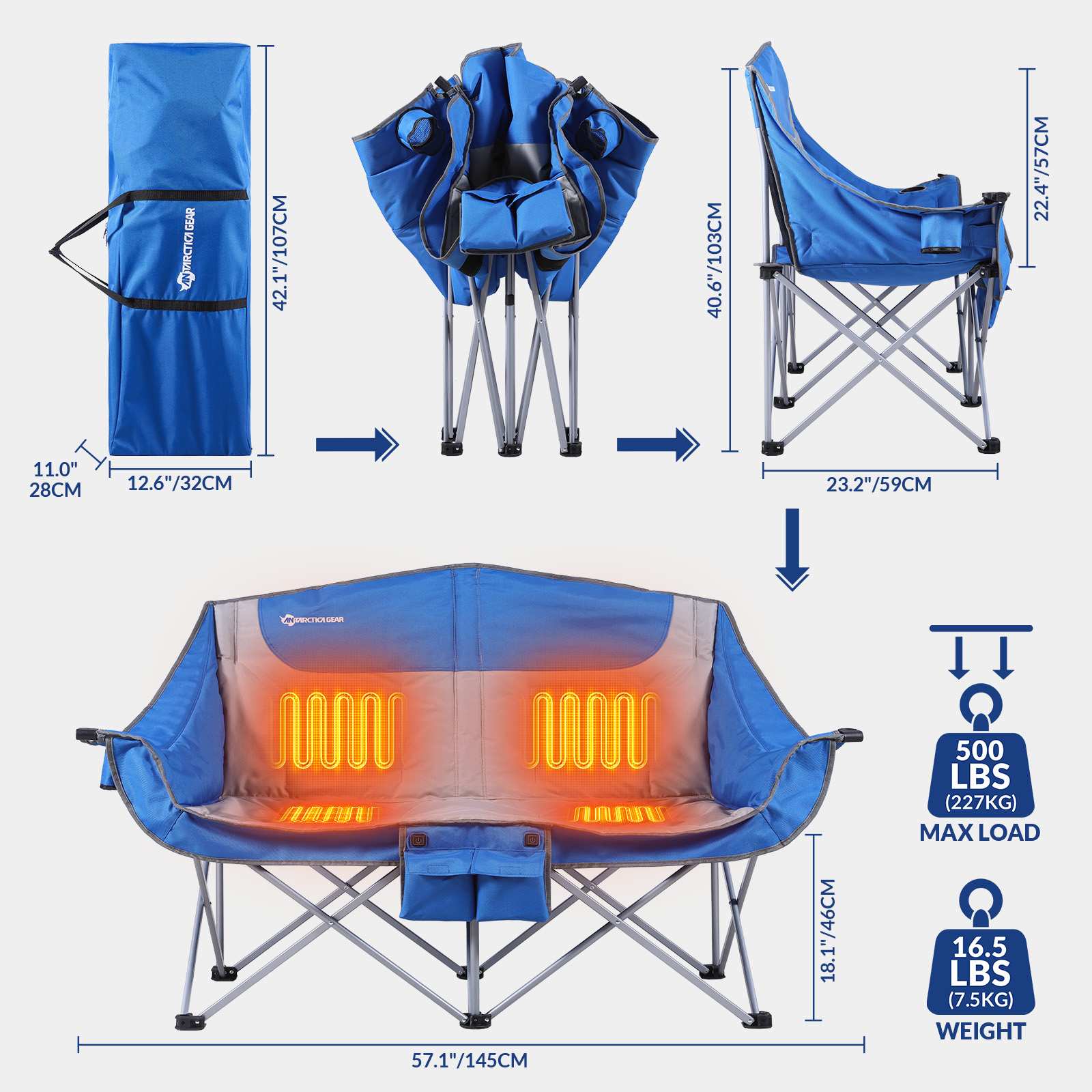 ANTARCTICA GEAR Heated Double Camping Chair, 2-Person Folding Chair Heated Portable Loveseat Chair