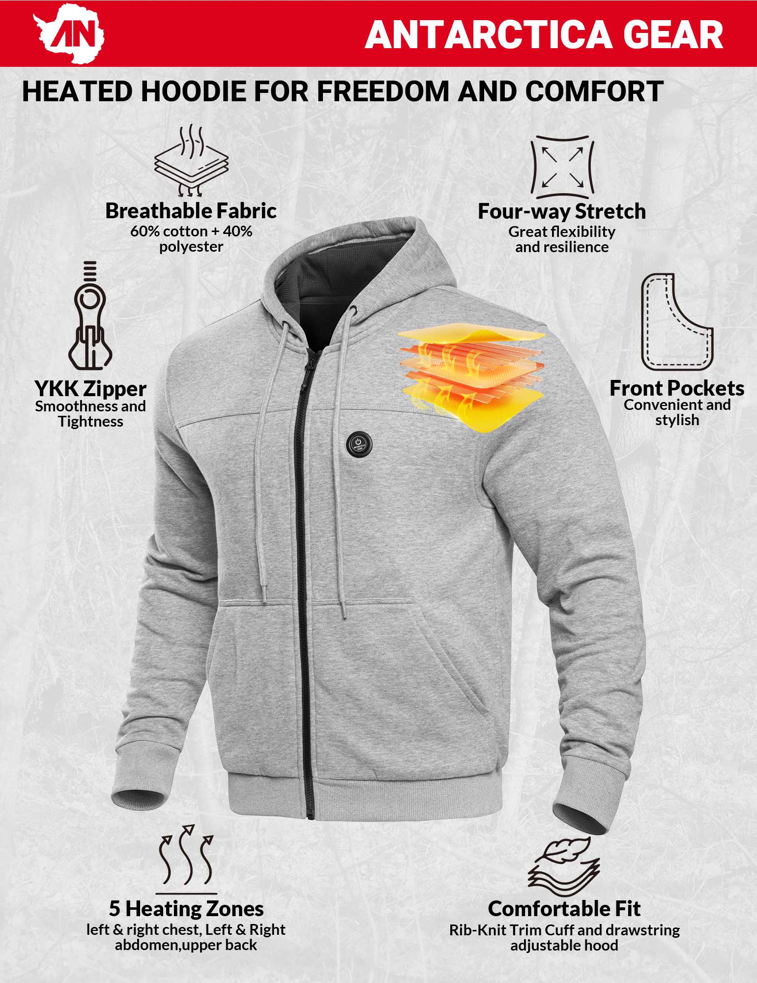 ANTARCTICA GEAR Heated Hoodie Sweater for Men with 12V 20000mAh Batter