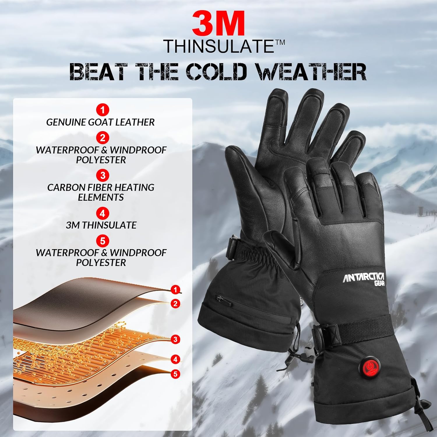 ANTARCTICA GEAR Winter Ski Gloves Rechargeable Heating Warm Gloves for Motorcycle