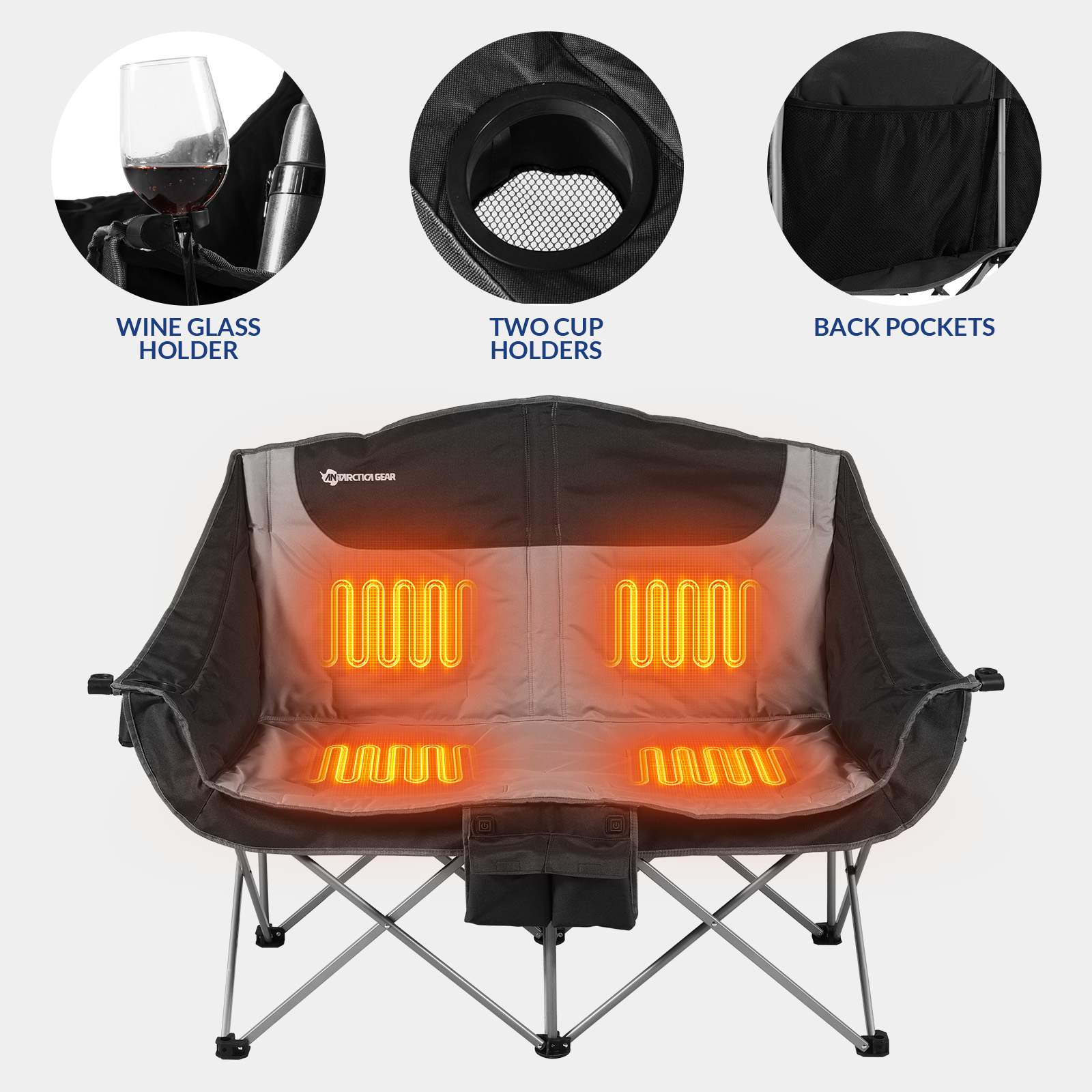 ANTARCTICA GEAR Heated Double Camping Chair, 2-Person Folding Chair Heated Portable Loveseat Chair