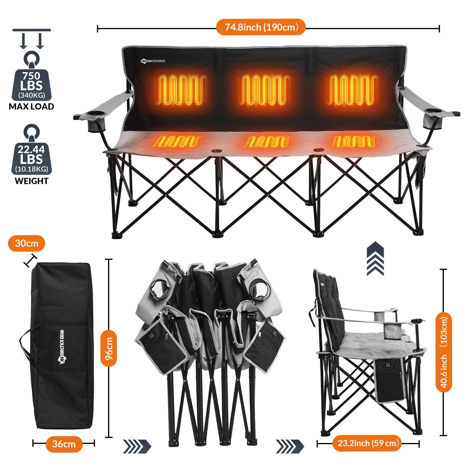 ANTARCTICA GEAR Heated 3-Person Camping Chair with 12V 15000mAh Batter
